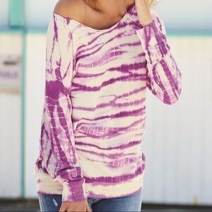 MV Sport French Terry Off the Shoulder Purple White Tie Dye Sweatshirt Size XXL